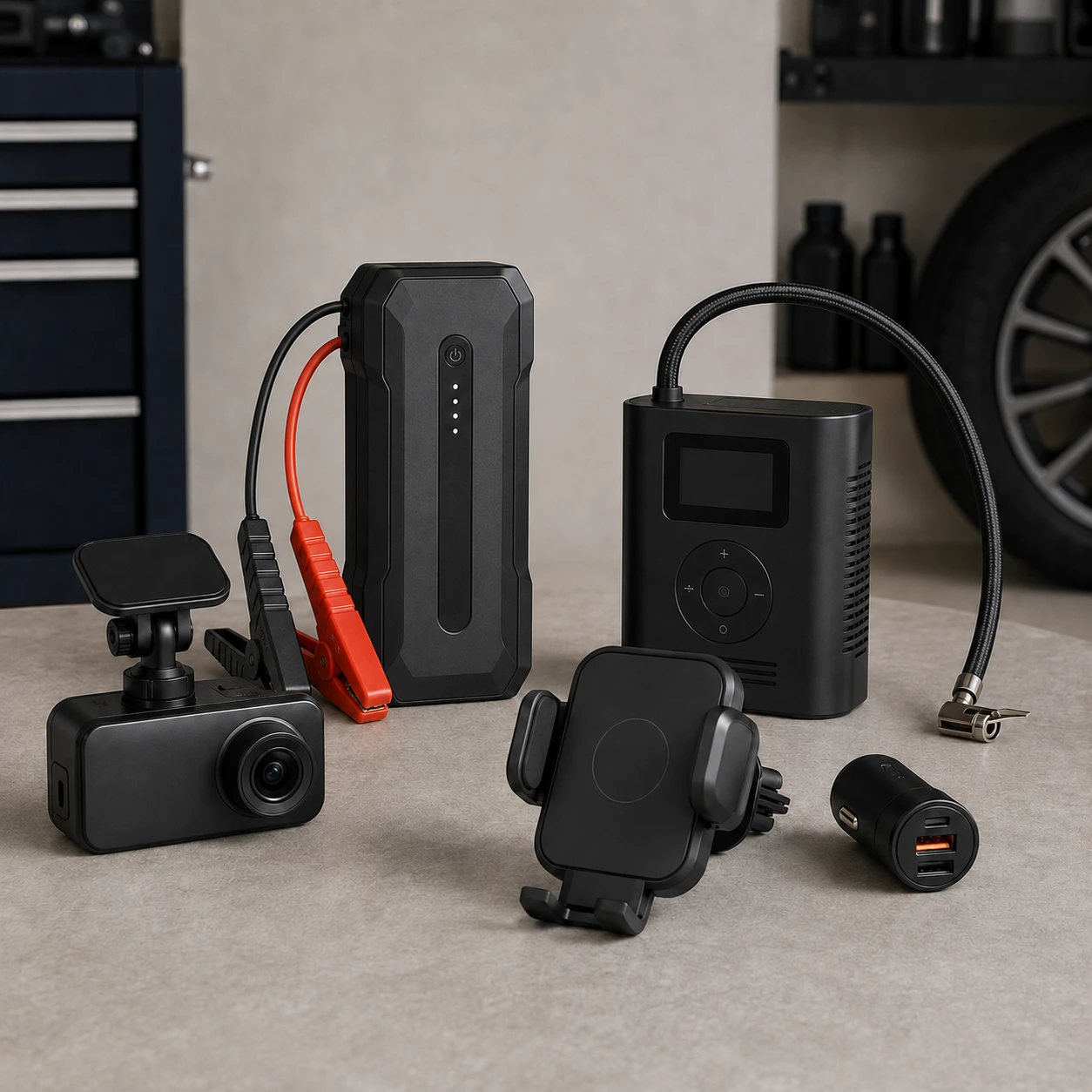 Automotive accessories including a dash camera, jump starter and tire inflator