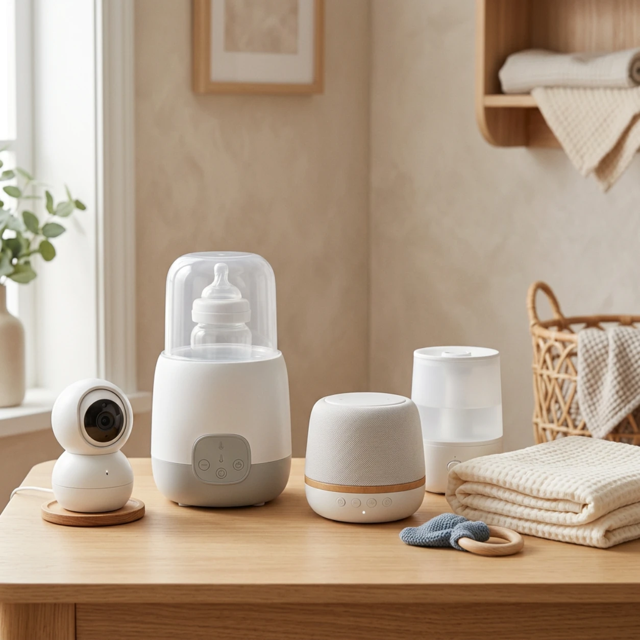 Baby monitor, bottle warmer, sound machine and nursery humidifier