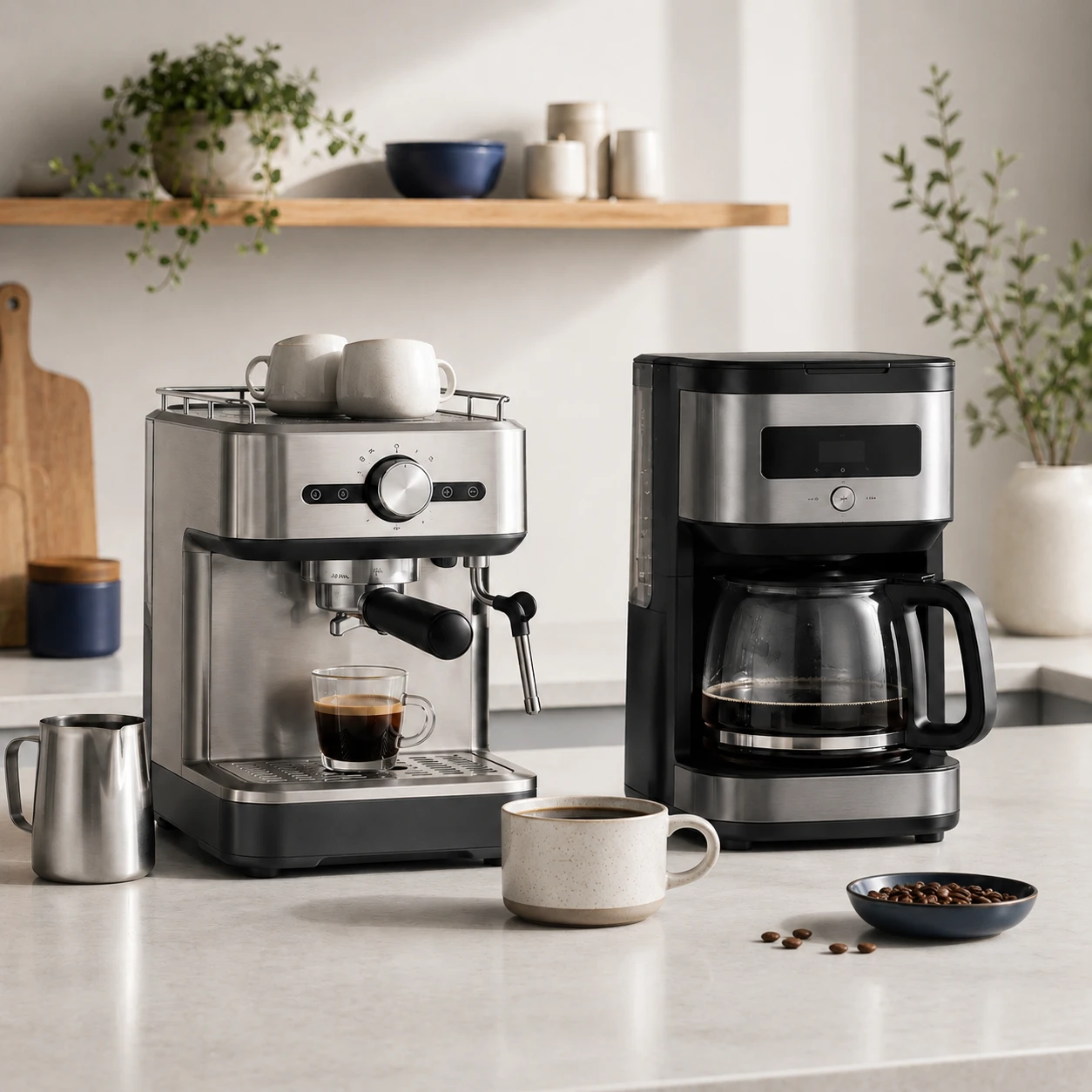 Home espresso machine and drip coffee maker on a kitchen counter