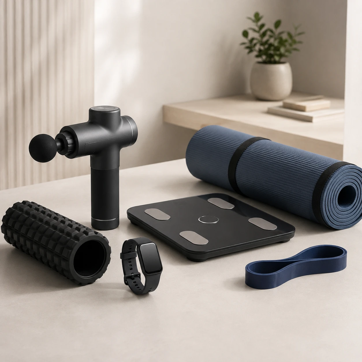Massage gun, smart scale, fitness tracker and workout accessories