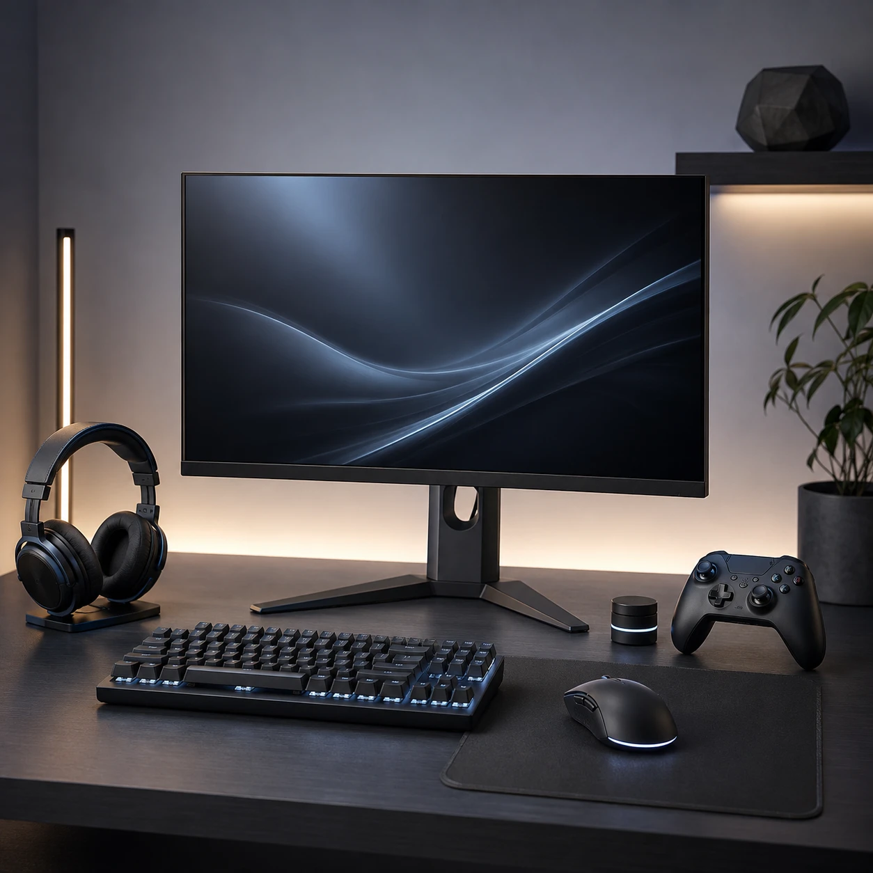 Gaming setup with monitor, headphones, keyboard, mouse and controller