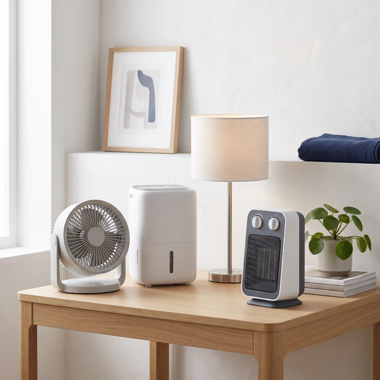 Fan, home comfort appliance, table lamp and compact heater