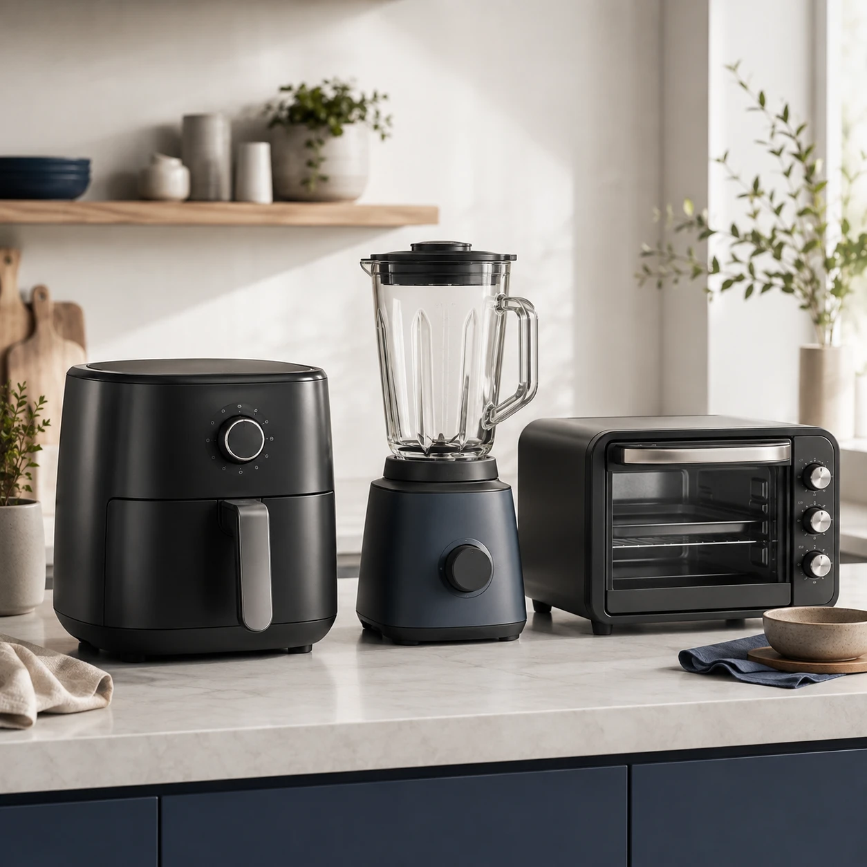 Kitchen appliances including an air fryer, blender and toaster oven