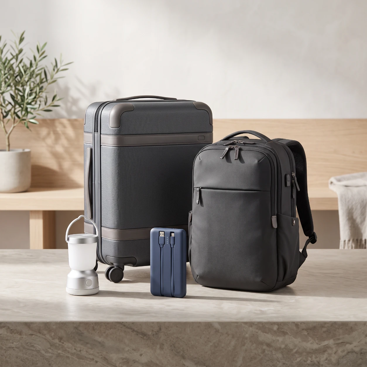 Carry-on suitcase, travel backpack, portable power bank and lantern