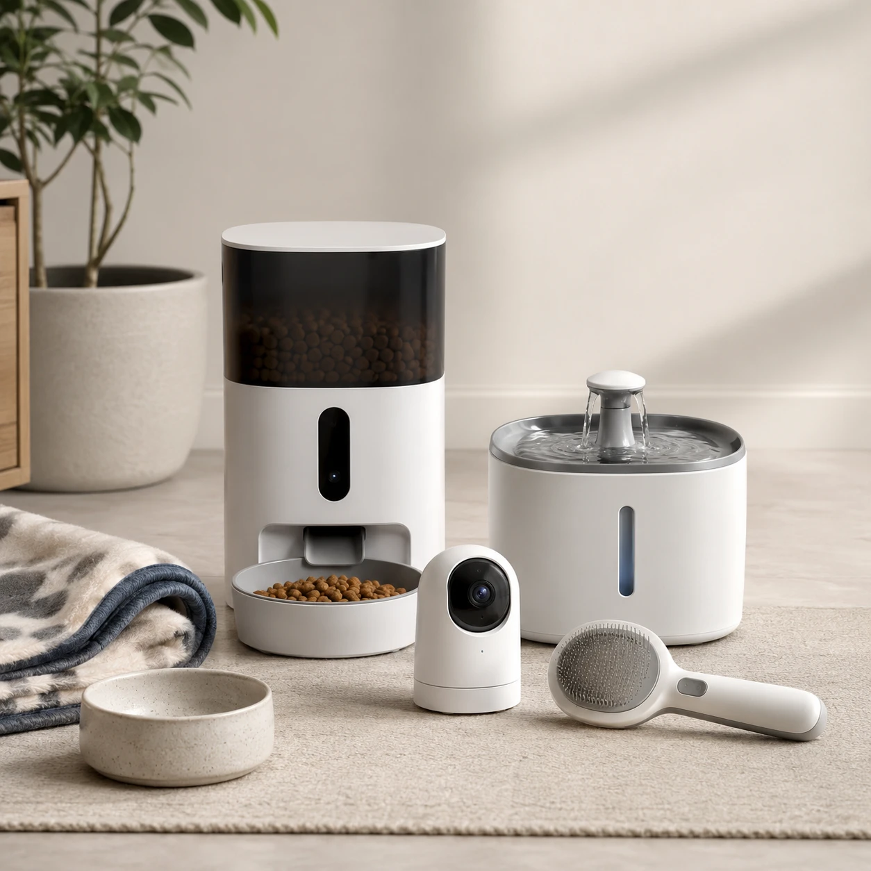 Pet care products including an automatic feeder, water fountain and grooming brush