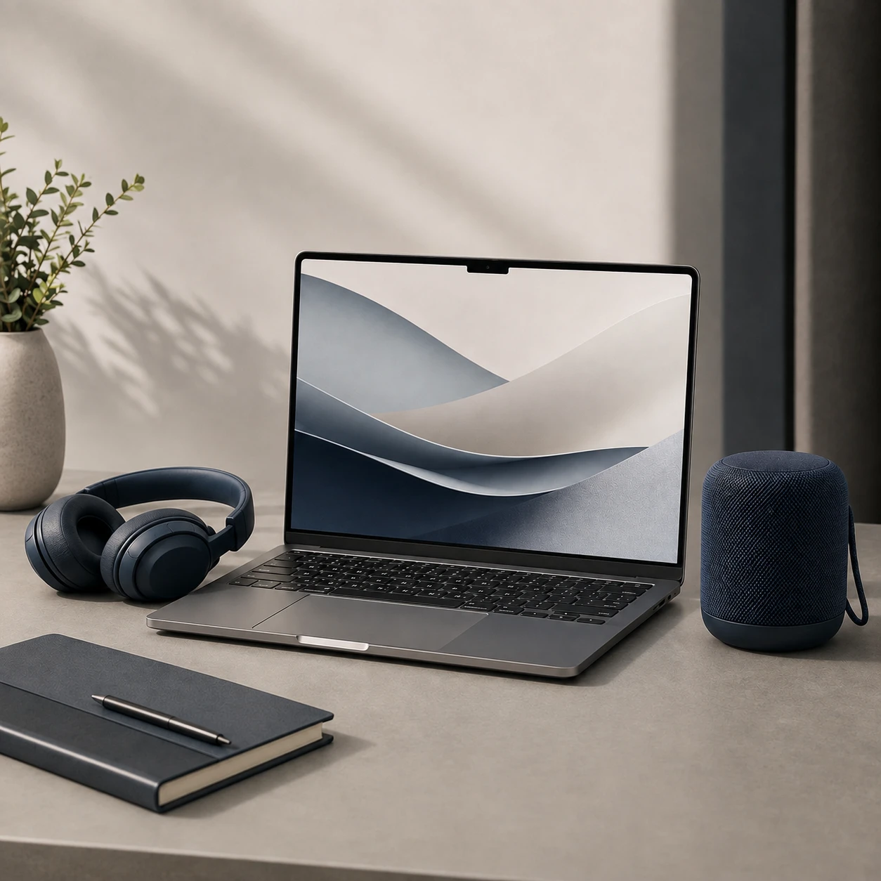 Laptop, wireless headphones and portable Bluetooth speaker